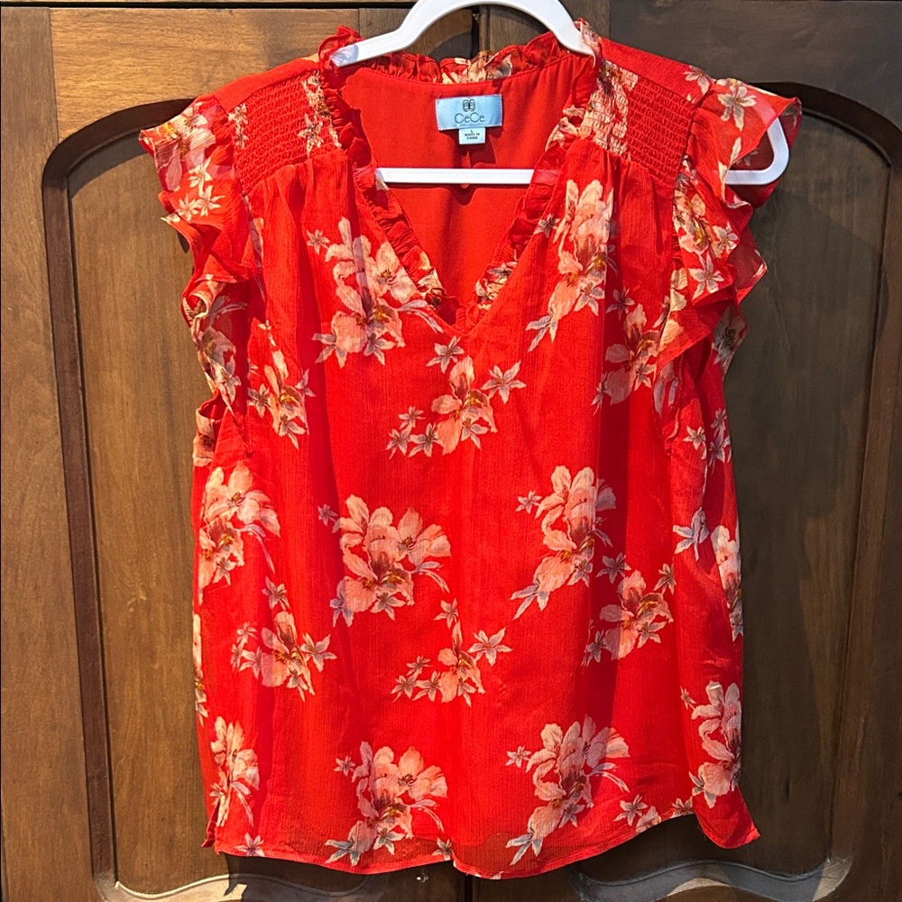 CeCe Bright Red Floral V-Neck Ruffle Sleeve Blouse